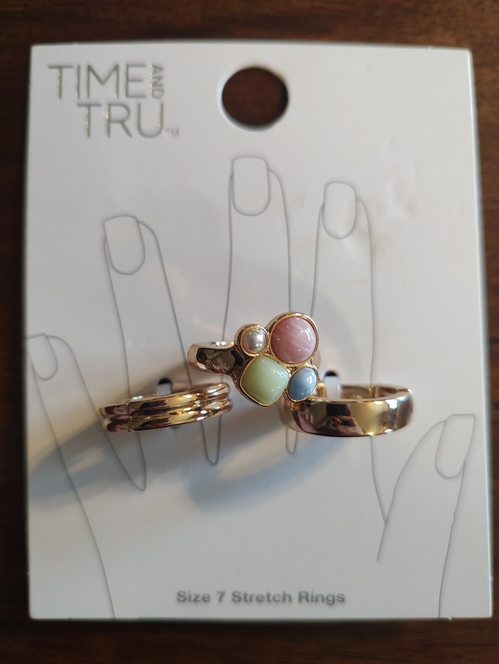 Time and Tru Gold Stretch Ring Set with Pastel Stones - Pink, Green, Blue - Picture 1 of 3